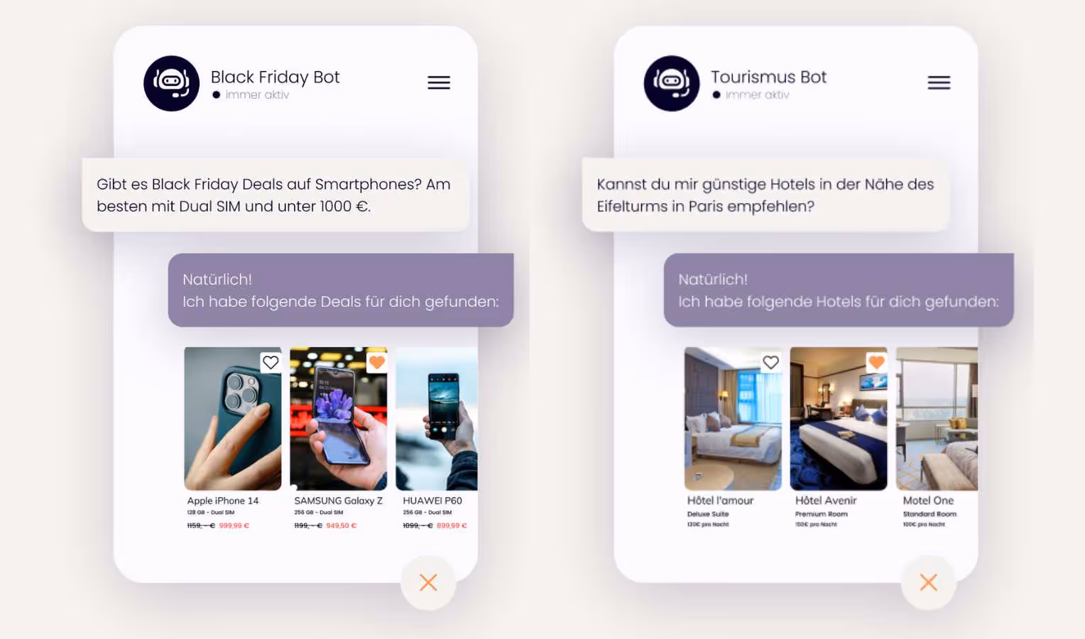 Zwei mobile Chatbot-Oberflächen nebeneinander: links „Black Friday Bot“ mit drei Smartphone-Angeboten (iPhone 14, Samsung Galaxy Z, Huawei P60) samt Preisen; rechts „Tourismus Bot“ mit günstigen Hotels nahe dem Eiffelturm (Hôtel l’amour, Hôtel Avenir, Motel One) und Zimmerinfos. Beide zeigen eine lila Antwortblase und unten einen runden Schließen-Button (X).