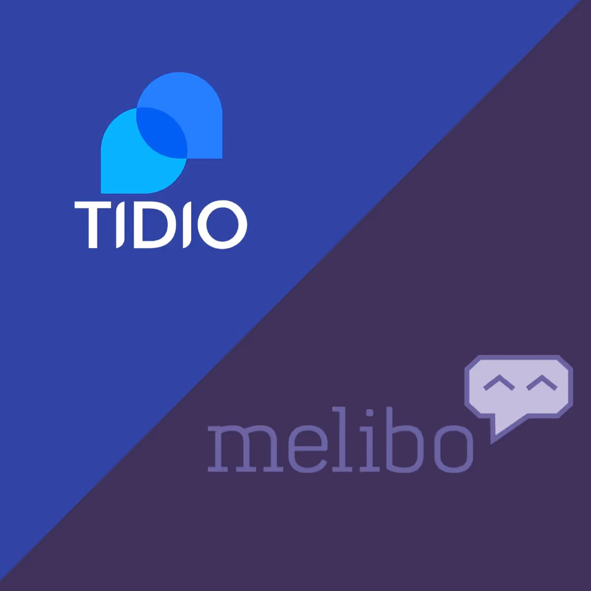Diagonal geteilte Grafik: oben links blaues Feld mit TIDIO-Logo (zwei überlappende Sprechblasen) und Schriftzug „TIDIO“, unten rechts dunkellila Feld mit melibo-Logo (Sprechblase) und blassem „melibo“-Schriftzug.