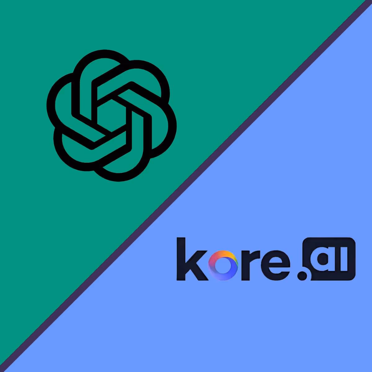 Diagonal geteilte Grafik – links oben grüner Bereich mit OpenAI-Logo (schwarzes Knoten-Symbol), rechts unten blauer Bereich mit kore.ai-Logo (mehrfarbiges „o“).