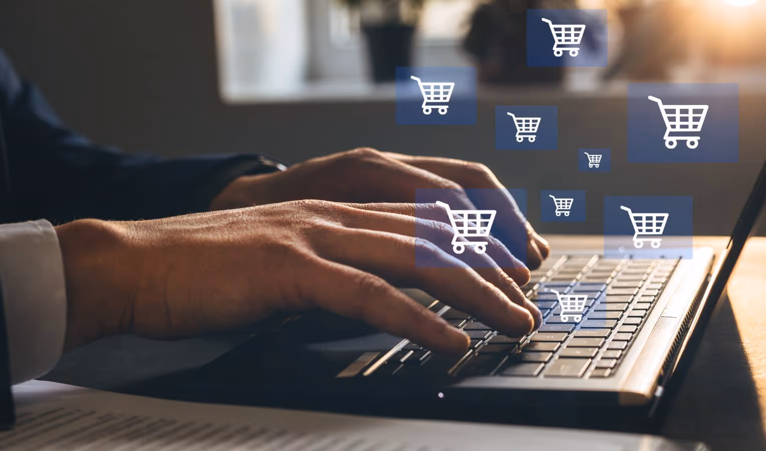 Hände in Businesskleidung tippen auf einer Laptop-Tastatur; schwebende Einkaufswagen-Symbole visualisieren Online-Shopping/E-Commerce.