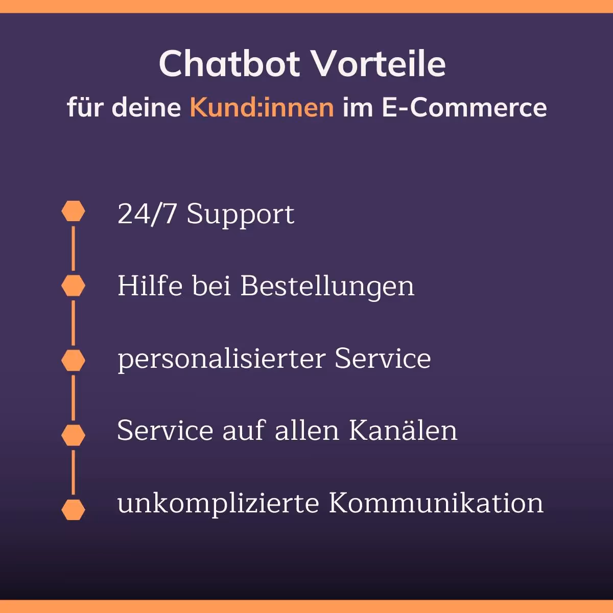 Lila Infografik „Chatbot Vorteile für deine Kund:innen im E-Commerce“ mit Liste: 24/7-Support, Hilfe bei Bestellungen, personalisierter Service, Service auf allen Kanälen, unkomplizierte Kommunikation.