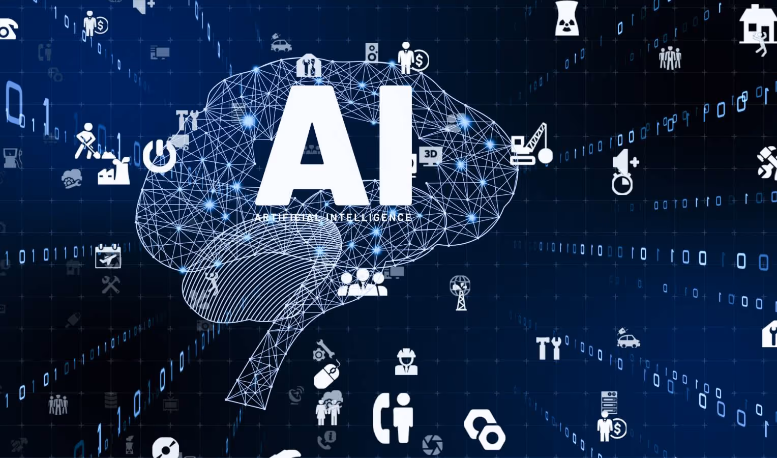 Visualisierung von Künstlicher Intelligenz: großes „AI“ vor einem vernetzten Gehirn, umlaufende Binärcode-Linien und Icons für Industrie, Service und Menschen.