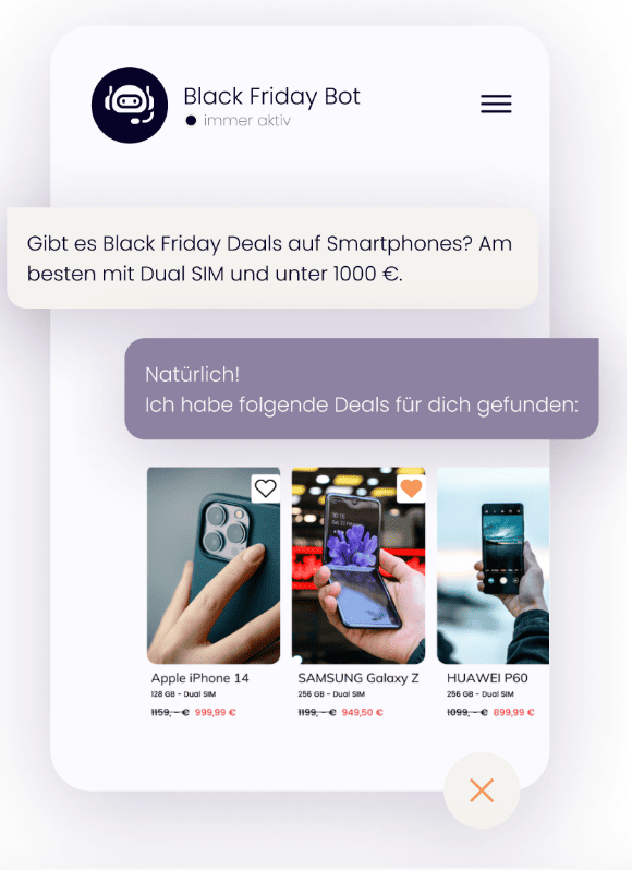 Chatbot zeigt Black-Friday-Smartphone-Deals unter 1.000 €: iPhone 14, Samsung Galaxy Z und Huawei P60 mit reduzierten Preisen.