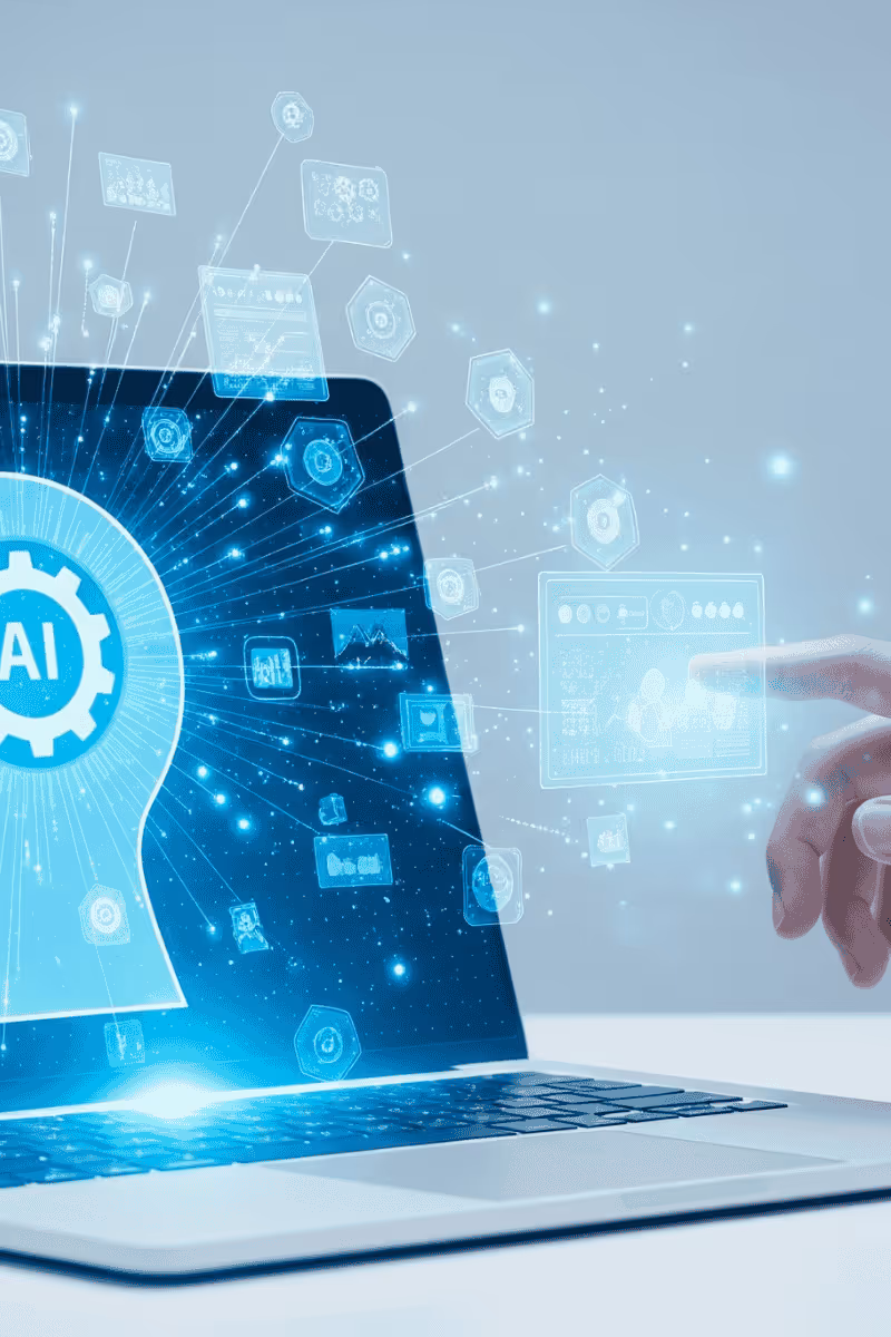 Ein offener Laptop zeigt eine blaue, futuristische Grafik: die Silhouette eines Kopfes mit einem Zahnrad und der Aufschrift „AI“ im Inneren, umgeben von strahlenförmigen Linien und schwebenden Interface-Symbolen. Rechts im Bild berührt eine Hand ein transparentes, holografisches Bedienfeld.
