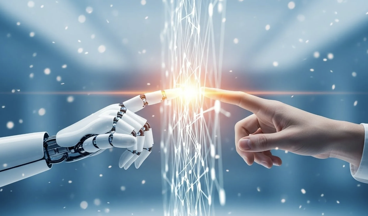 Eine menschliche Hand und eine weiße Roboterhand berühren sich mit den Fingerspitzen, getrennt durch ein leuchtendes, digitales Netzwerk auf blauem Hintergrund – Symbol für die Verbindung von Mensch und künstlicher Intelligenz.