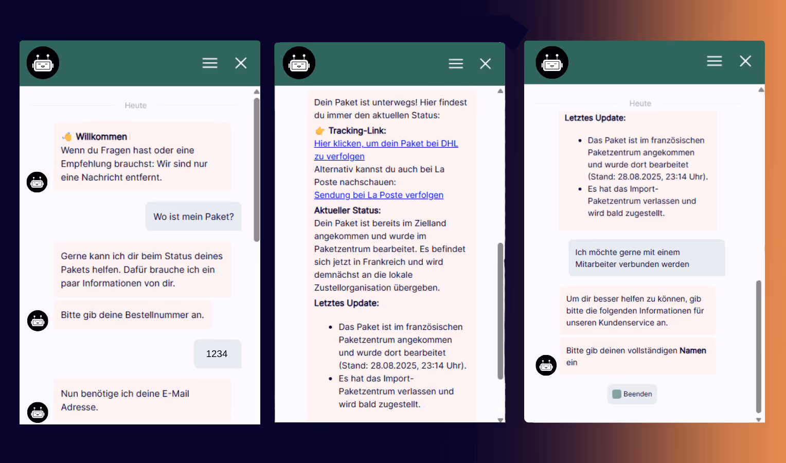 Drei nebeneinander stehende Screenshots eines Chatbots im Messenger-Stil, der auf Deutsch nach Bestellnummer und E-Mail fragt, den Sendungsstatus mit Tracking-Link und letztem Update anzeigt und im letzten Verlauf die Übergabe an einen Mitarbeitenden vorbereitet.