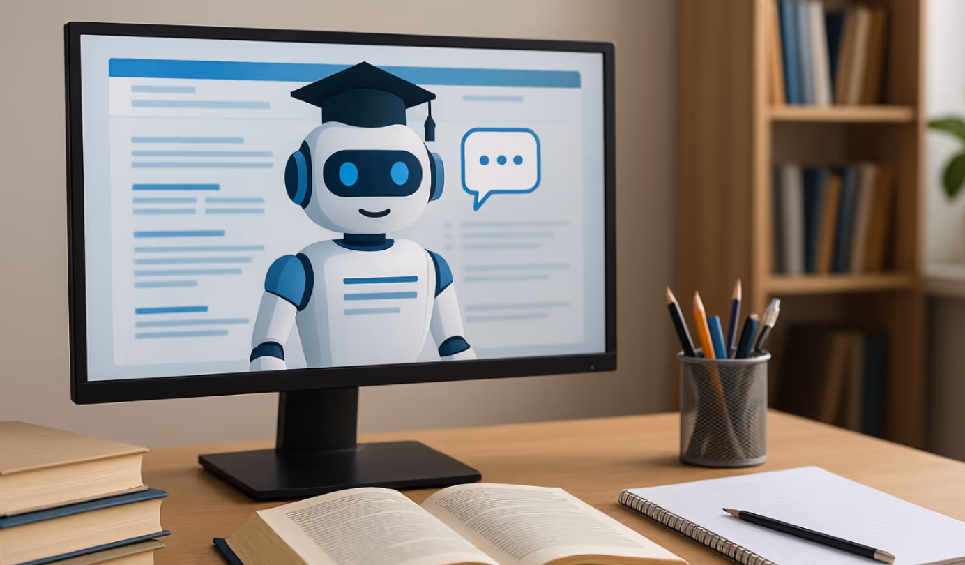 Auf einem Schreibtisch steht ein Monitor, auf dem ein freundlicher Roboter mit Doktorhut und einer Chat-Sprechblase angezeigt wird; davor liegen Bücher, ein aufgeschlagenes Buch, ein Notizblock und Stifte.