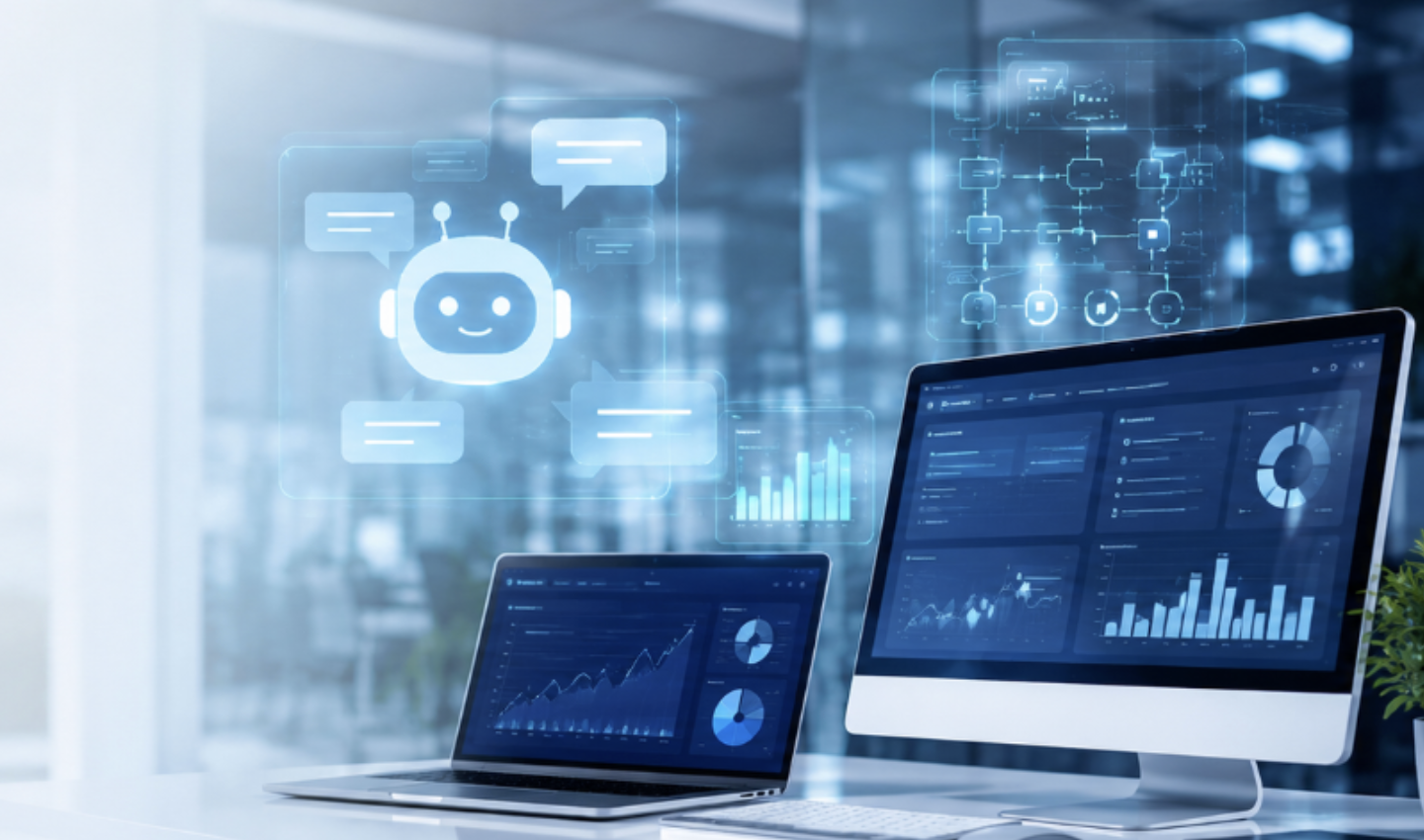Realistisches Blog-Banner mit modernem Büro-Setup, Laptop und Desktop-Monitor sowie holografischen KI-Chatbot-, Workflow- und Analytics-Elementen in blauer Tech-Optik.