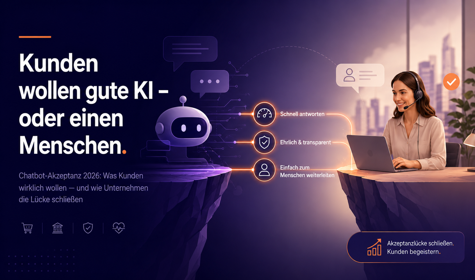 Illustration zur Chatbot-Akzeptanz 2026: Ein KI-Chatbot und eine menschliche Service-Mitarbeiterin sind über drei zentrale Vertrauensfaktoren verbunden – schnelle Antworten, Transparenz und einfache Weiterleitung an einen Menschen.