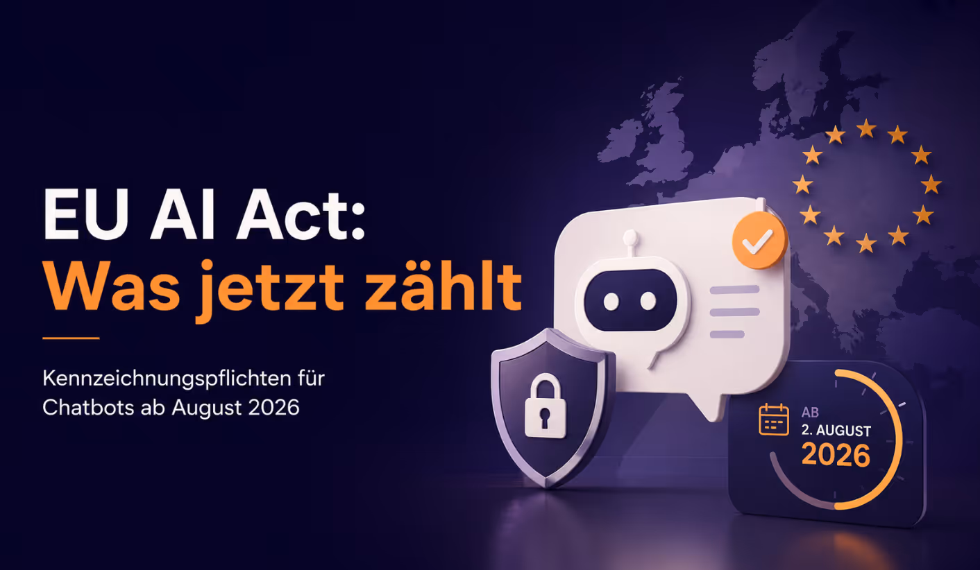 Coverbild für einen melibo-Blogartikel zum EU AI Act: Ein KI-Chatbot, Compliance-Schild und EU-Sterne visualisieren die Kennzeichnungspflichten für Chatbots ab August 2026.