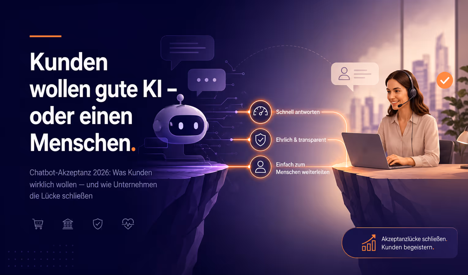 Illustration zur Chatbot-Akzeptanz 2026: Ein KI-Chatbot und eine menschliche Service-Mitarbeiterin sind über drei zentrale Vertrauensfaktoren verbunden – schnelle Antworten, Transparenz und einfache Weiterleitung an einen Menschen.