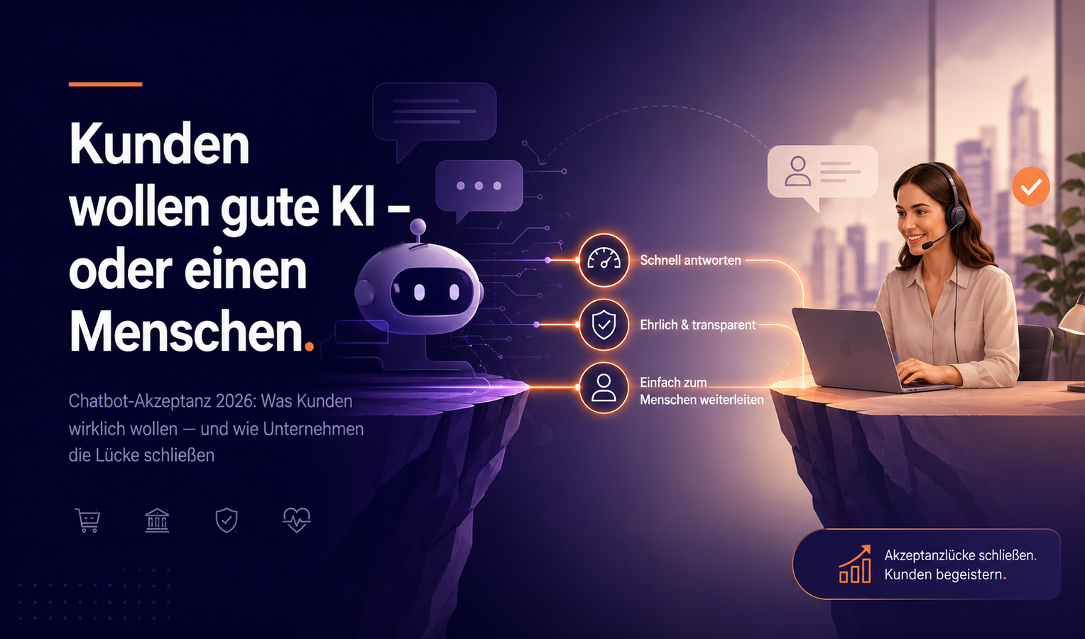 Illustration zur Chatbot-Akzeptanz 2026: Ein KI-Chatbot und eine menschliche Service-Mitarbeiterin sind über drei zentrale Vertrauensfaktoren verbunden – schnelle Antworten, Transparenz und einfache Weiterleitung an einen Menschen.
