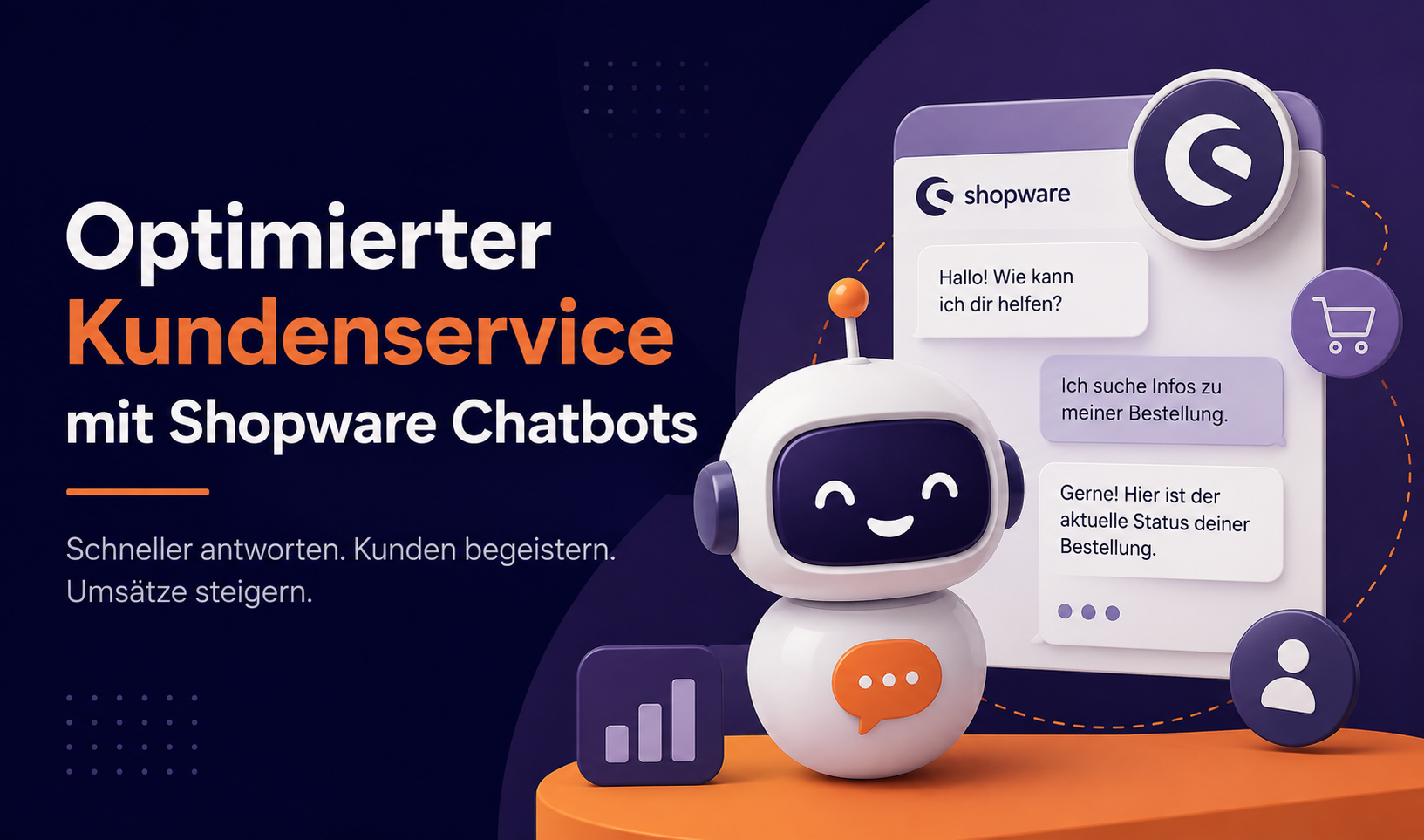 Optimierter Kundenservice mit Shopware Chatbots: 3D-Chatbot vor Chatfenster mit Bestellstatus, Warenkorb- und Kundenservice-Icons.