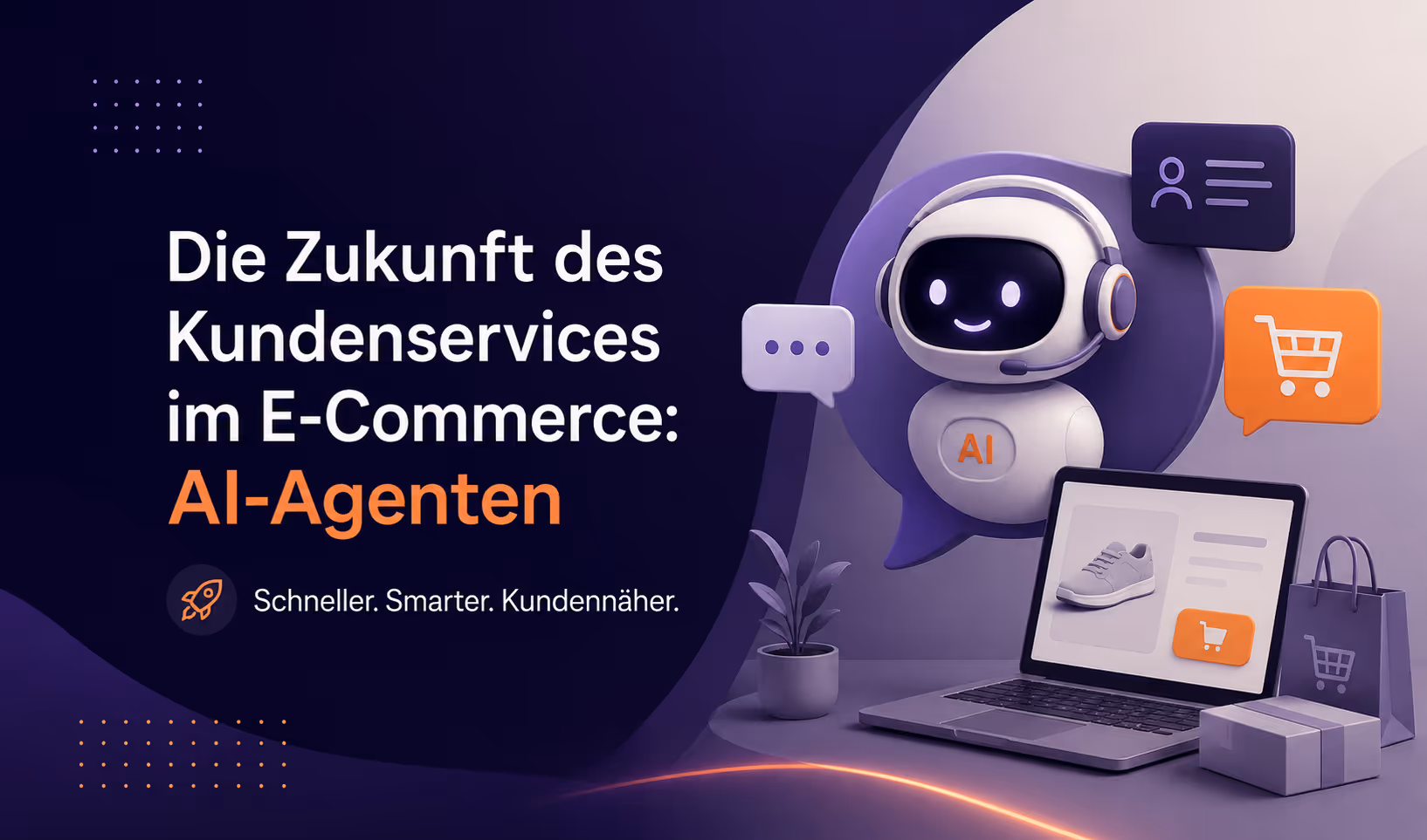 Visualisierung von Künstlicher Intelligenz: großes „AI“ vor einem vernetzten Gehirn, umlaufende Binärcode-Linien und Icons für Industrie, Service und Menschen.