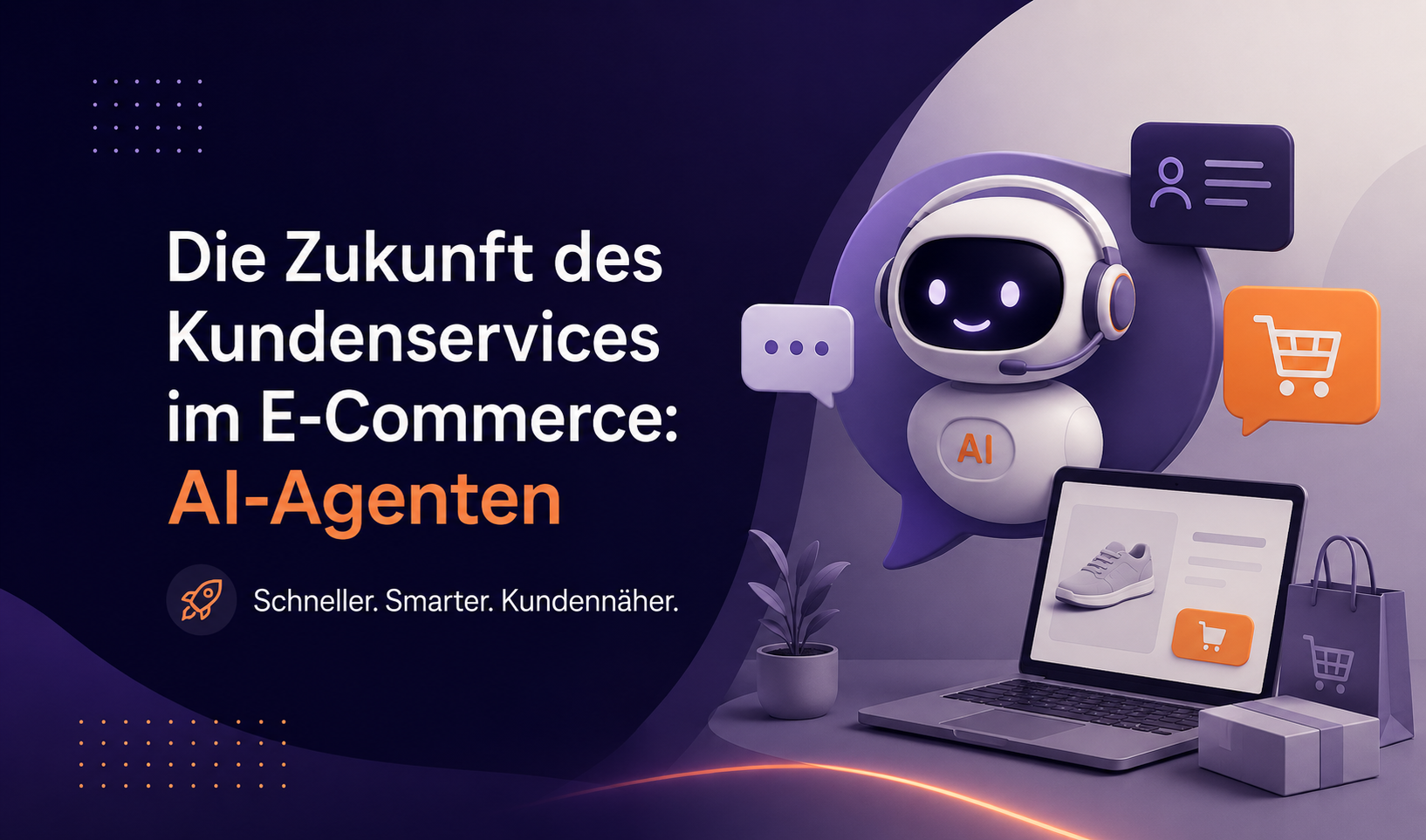 Visualisierung von Künstlicher Intelligenz: großes „AI“ vor einem vernetzten Gehirn, umlaufende Binärcode-Linien und Icons für Industrie, Service und Menschen.