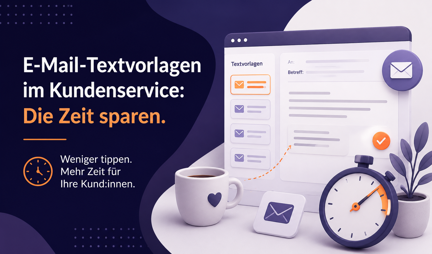 Titelbild mit dunklem violettem Hintergrund, links der Text „E-Mail-Textvorlagen im Kundenservice: Die Zeit sparen“, rechts eine stilisierte E-Mail-Oberfläche mit Textvorlagen, Stoppuhr und orangefarbenen Akzenten als Symbol für schnellere Kundenservice-Antworten.