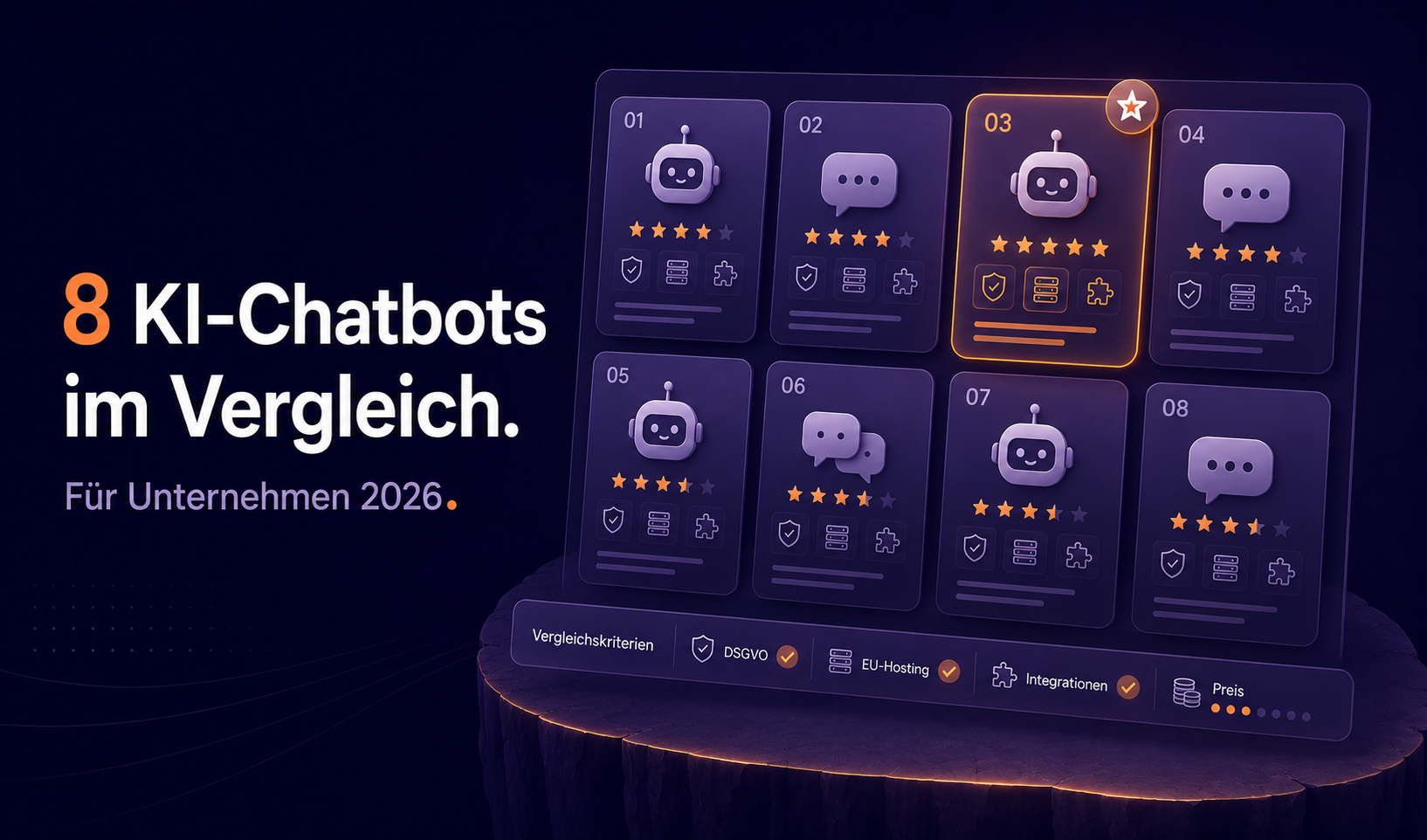 Titelbild zum Vergleich von 8 KI-Chatbots für Unternehmen 2026 mit dunklem violettem Hintergrund, großer Headline und einem digitalen Dashboard aus acht Chatbot-Karten mit Bewertungssternen, DSGVO-, EU-Hosting-, Integrations- und Preis-Kriterien.