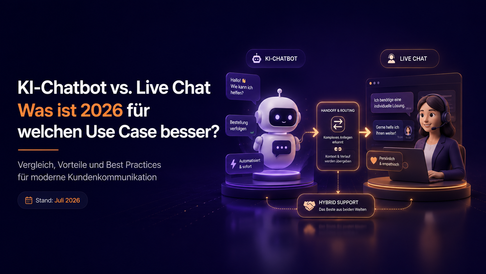3D-Illustration zum Vergleich von KI-Chatbot und Live Chat: Ein KI-Chatbot übernimmt automatisierte Standardanfragen und leitet komplexe Anliegen an einen menschlichen Support-Mitarbeitenden im Live Chat weiter. Visualisierung eines hybriden Kundenservice-Modells für 2026.