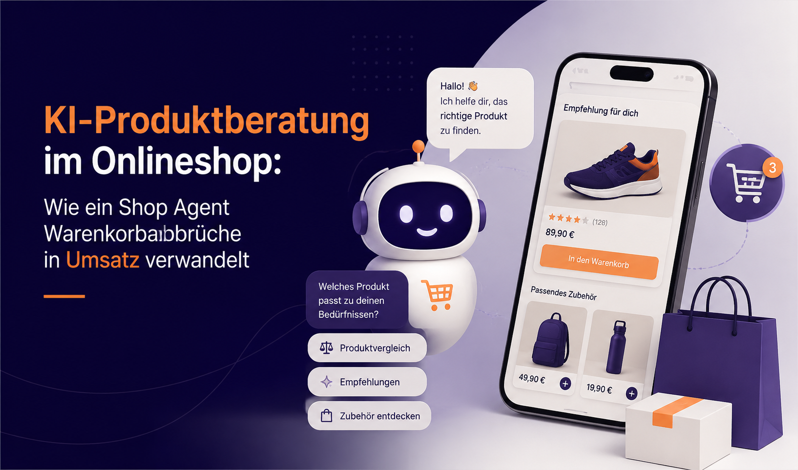 Grafik zur KI-Produktberatung im Onlineshop: Ein Shop Agent unterstützt Kunden bei Produktempfehlungen, Produktvergleichen und Zubehör und hilft dabei, Warenkorbabbrüche in Umsatz zu verwandeln.