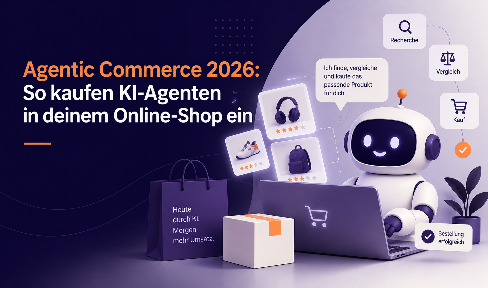 Agentic Commerce 2026 im E-Commerce: KI-Agent recherchiert Produkte, vergleicht Angebote und führt den Kauf selbstständig im Online-Shop durch.