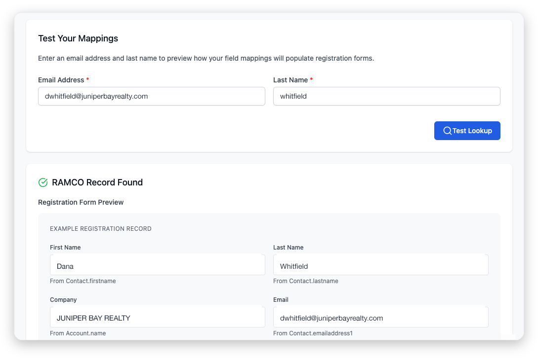 A RAMCO test lookup result showing a matched member record