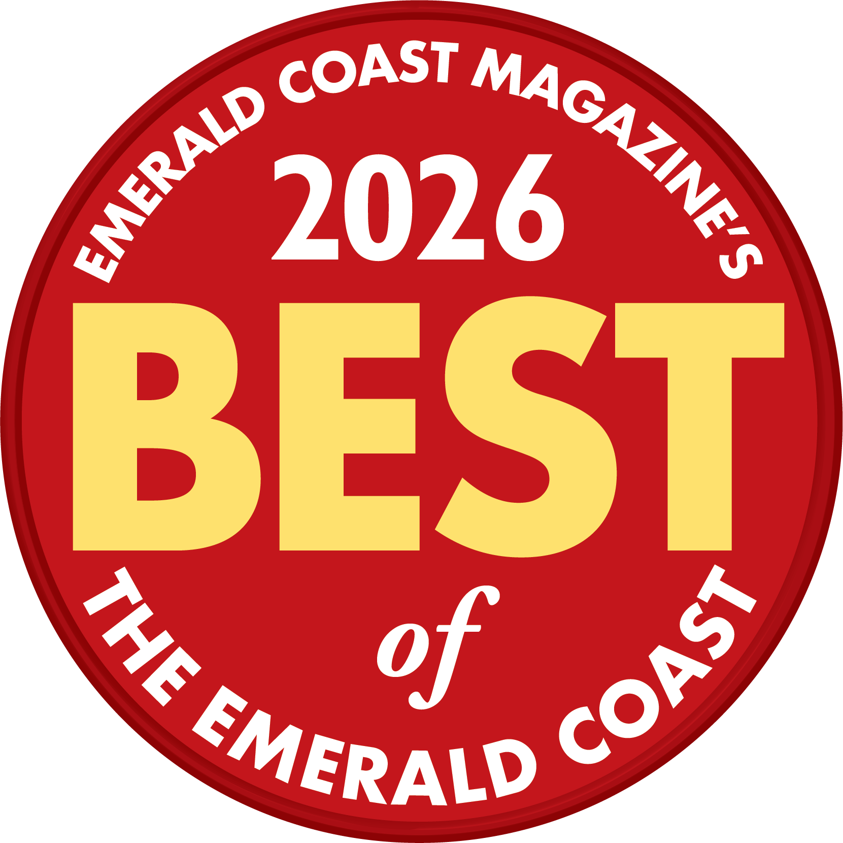 Red circular badge with text: Emerald Coast Magazine's 2024 Best of the Emerald Coast.