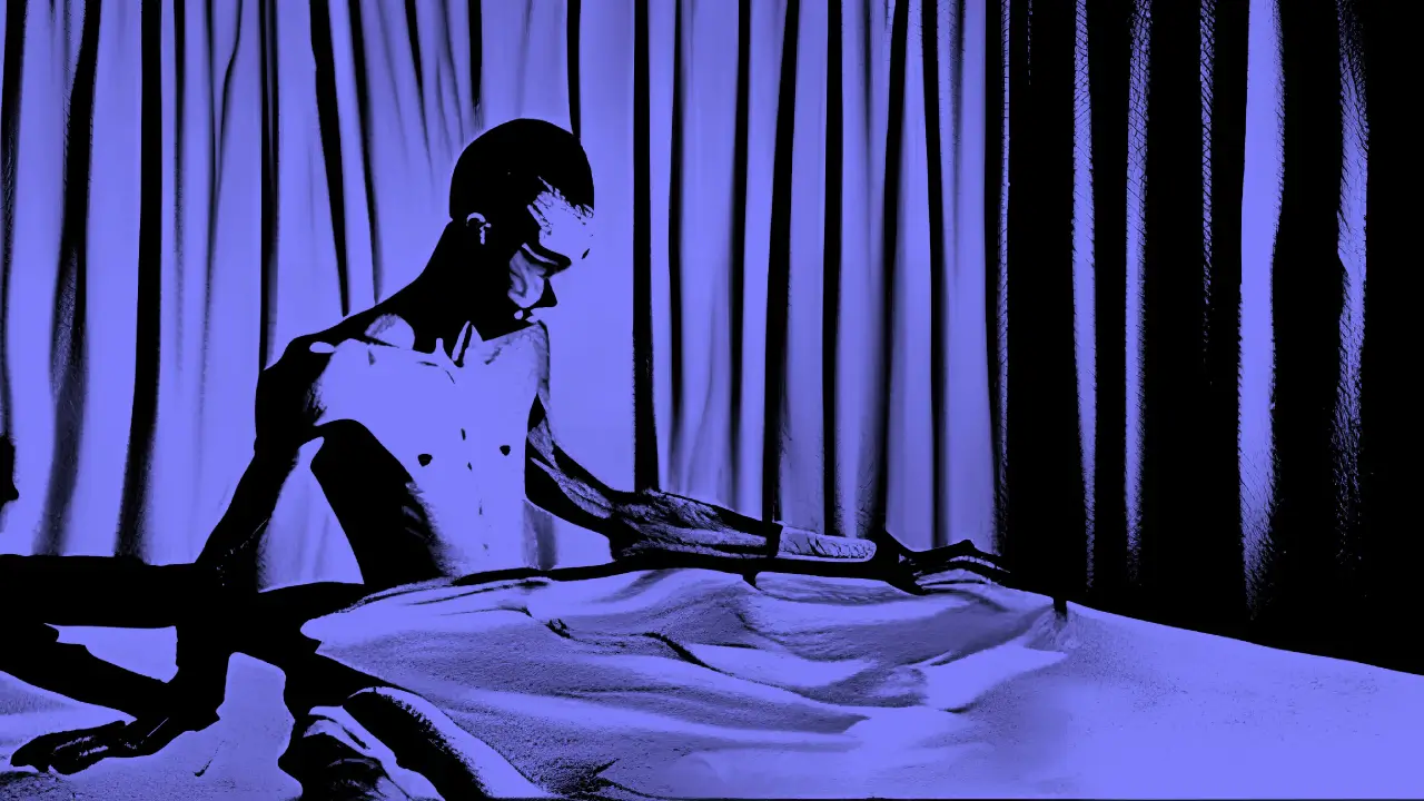 Stylized blue image of a shirtless person sitting in bed, looking down, with hands on the sheets and curtains in the background.