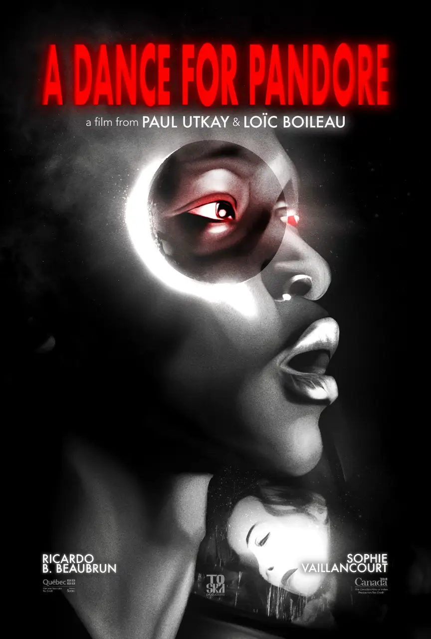 Poster for the film “A Dance for Pandore” showing a grayscale profile with glowing red eyes and layered surreal imagery, directed by Paul Utkay and Loïc Boileau.