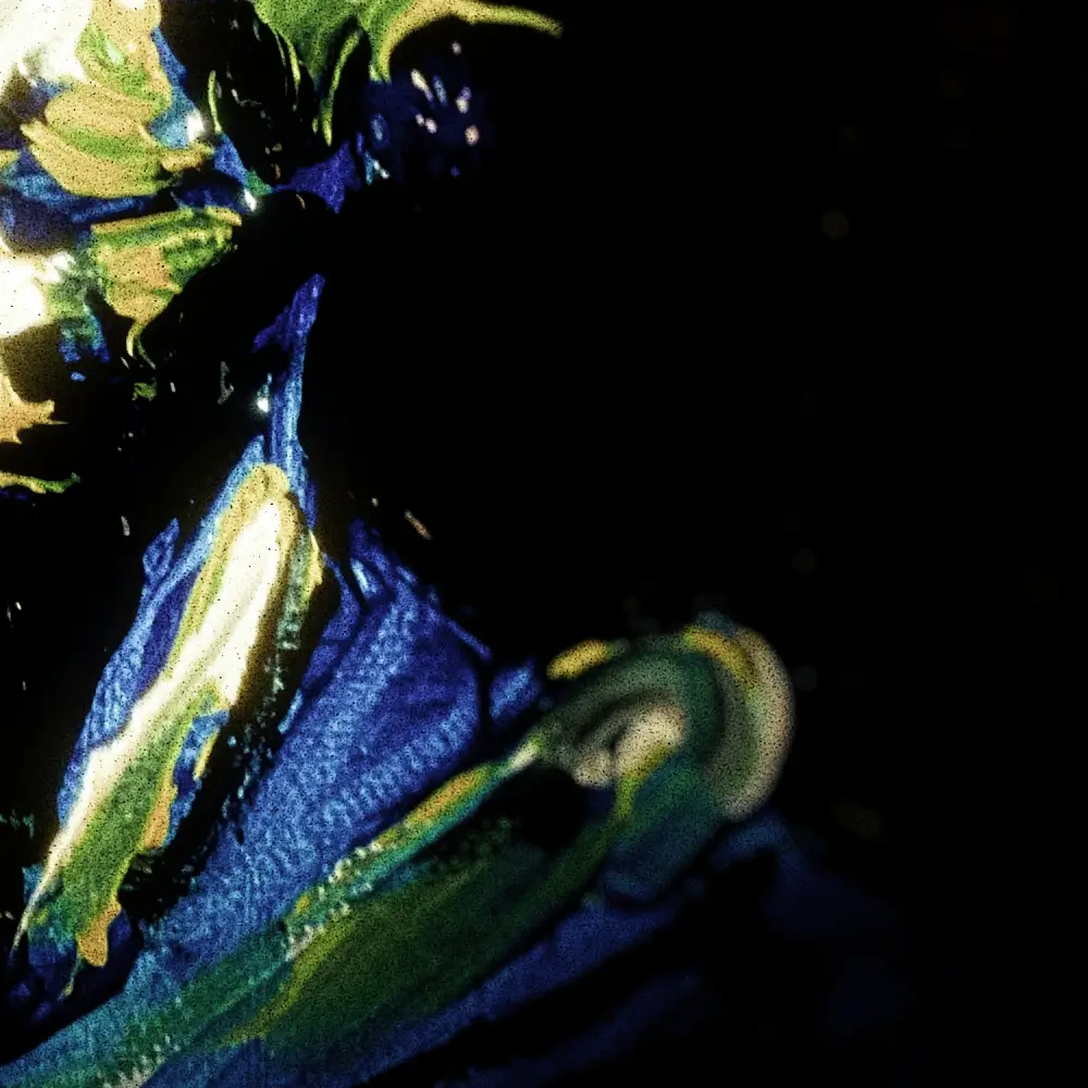 Abstract painting with swirling patterns in blue, green, yellow, and white on a black background.