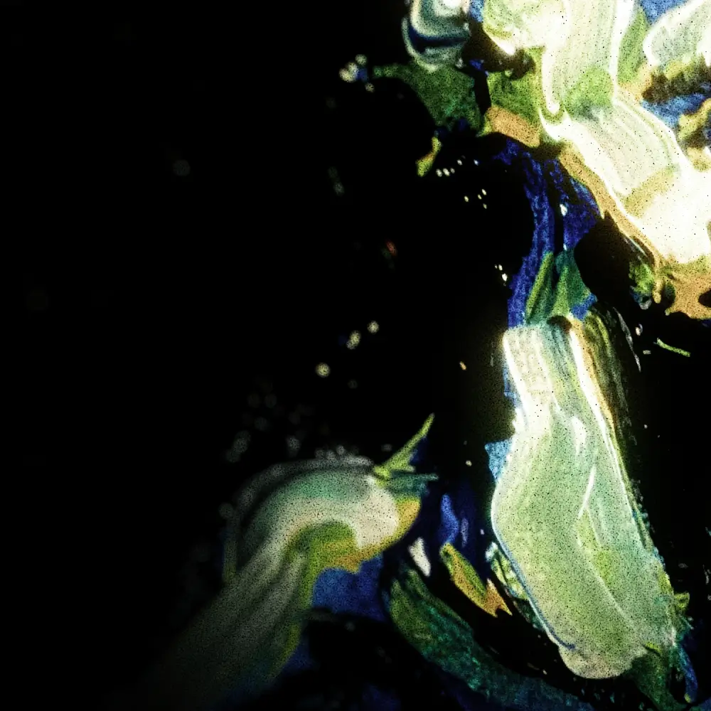 Abstract painting with swirling blue, green, white, and yellow colors on a black background.