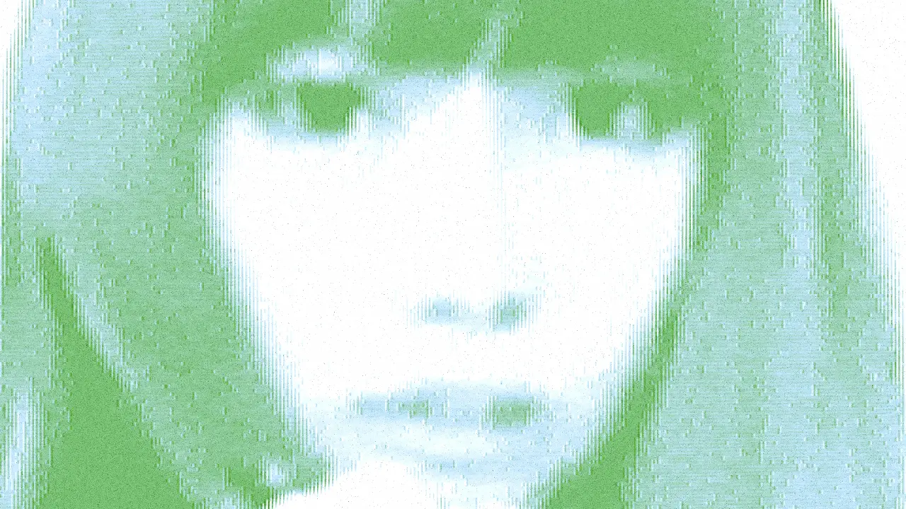 Pixelated green and white stylized close-up of a Japanese woman's face.