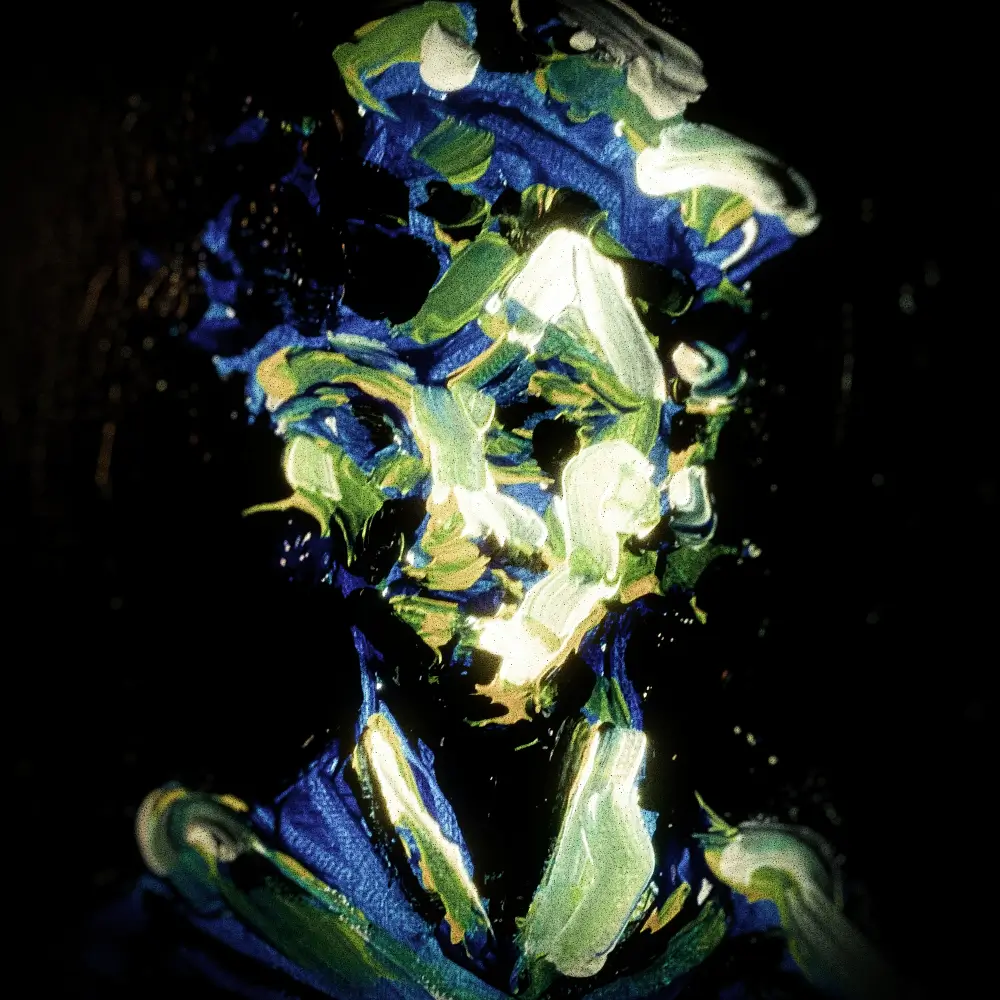 Abstract figure with blue, green, and white brush strokes on a black background.