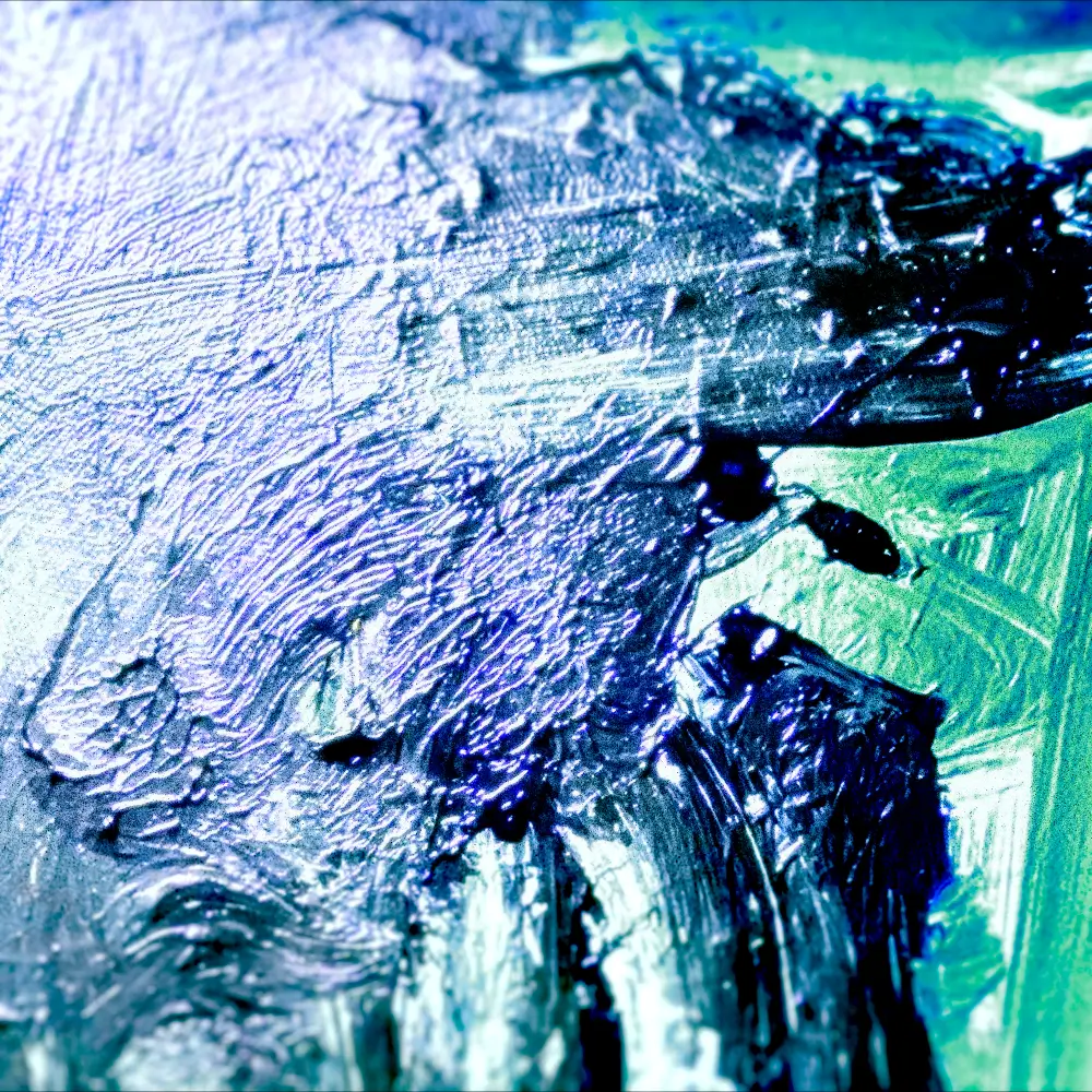 Abstract painting with textured blue and green colors.