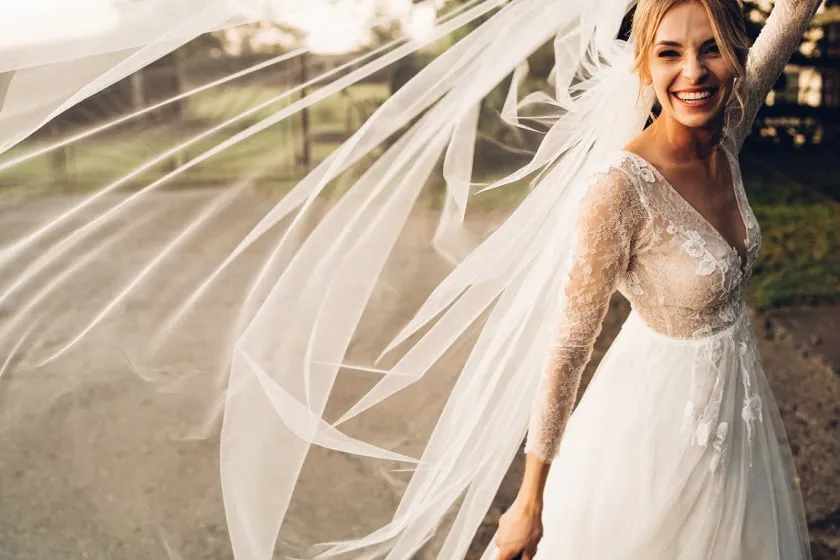 bride smile on sun set