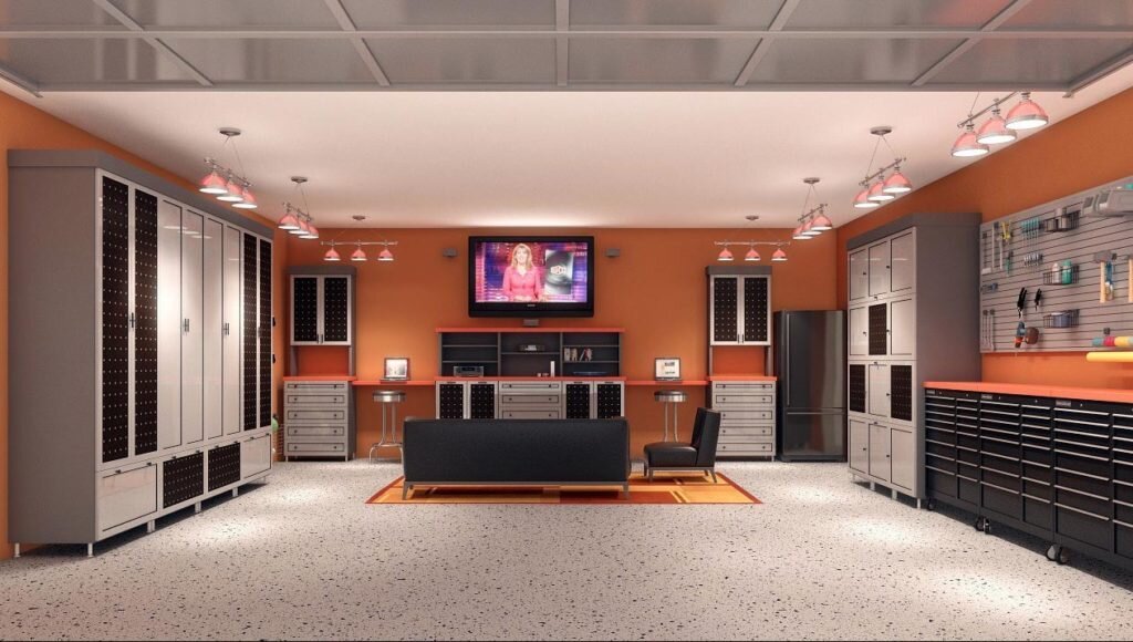 Fully finished garage interior converted to man cave
