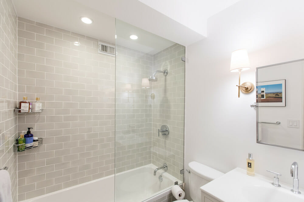 a bathroom with a glass shower