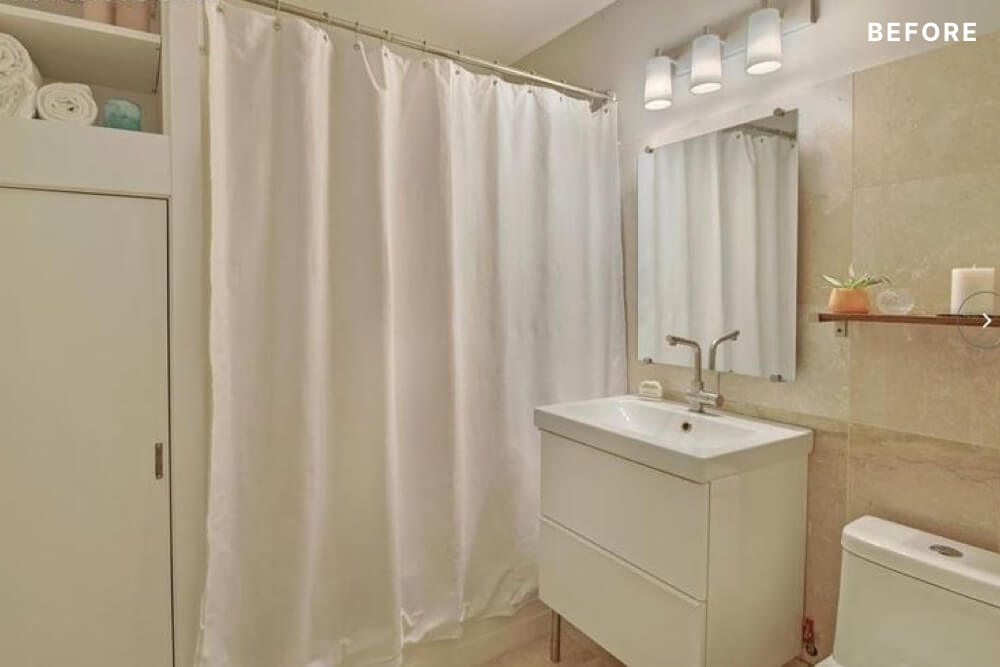 before image of the bathroom with a white shower curtain