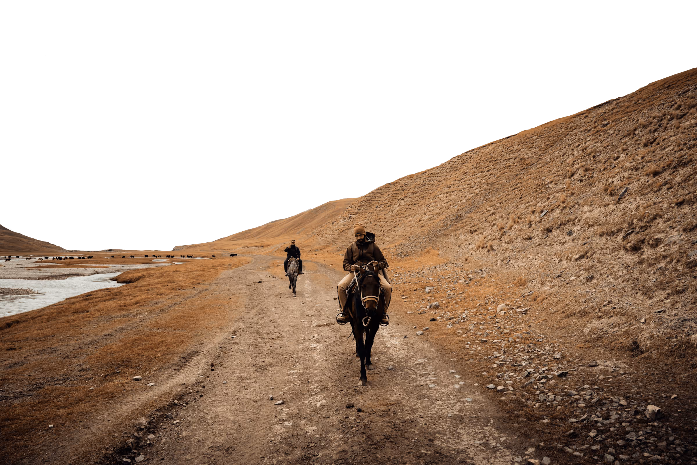 Two man riding horses on the foreground.