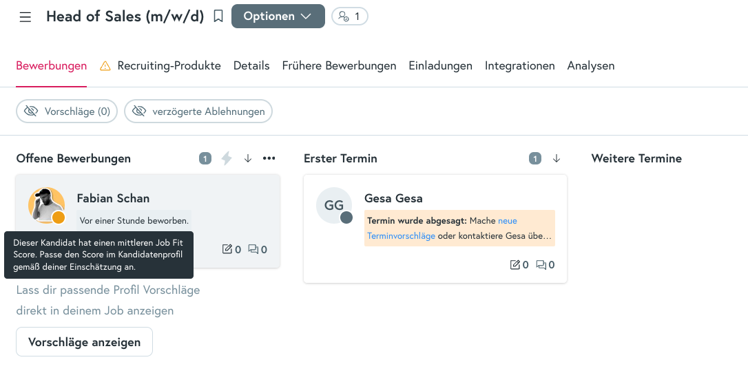 Ansicht eines Kandidaten-Profils auf der Workwise-Plattform. Es wird gezeigt, wo der Job Fit Score manuell angepasst werden kann.