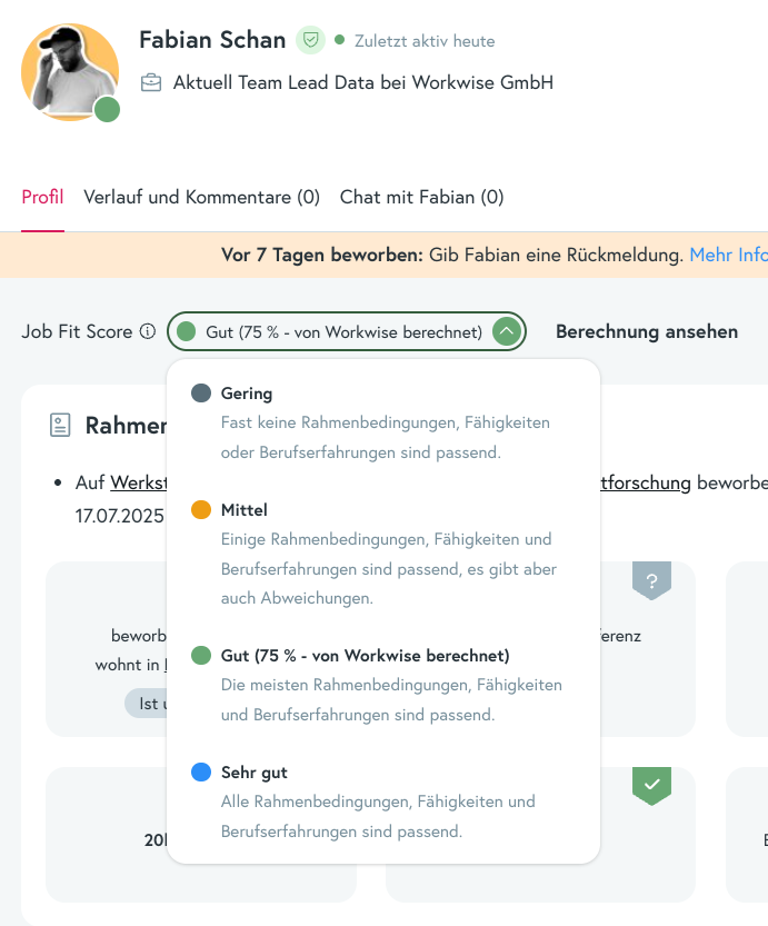 Screenshot der Workwise-Plattform. Gezeigt ist, der Job Fit Score im Kandidat:innen-Profil. 