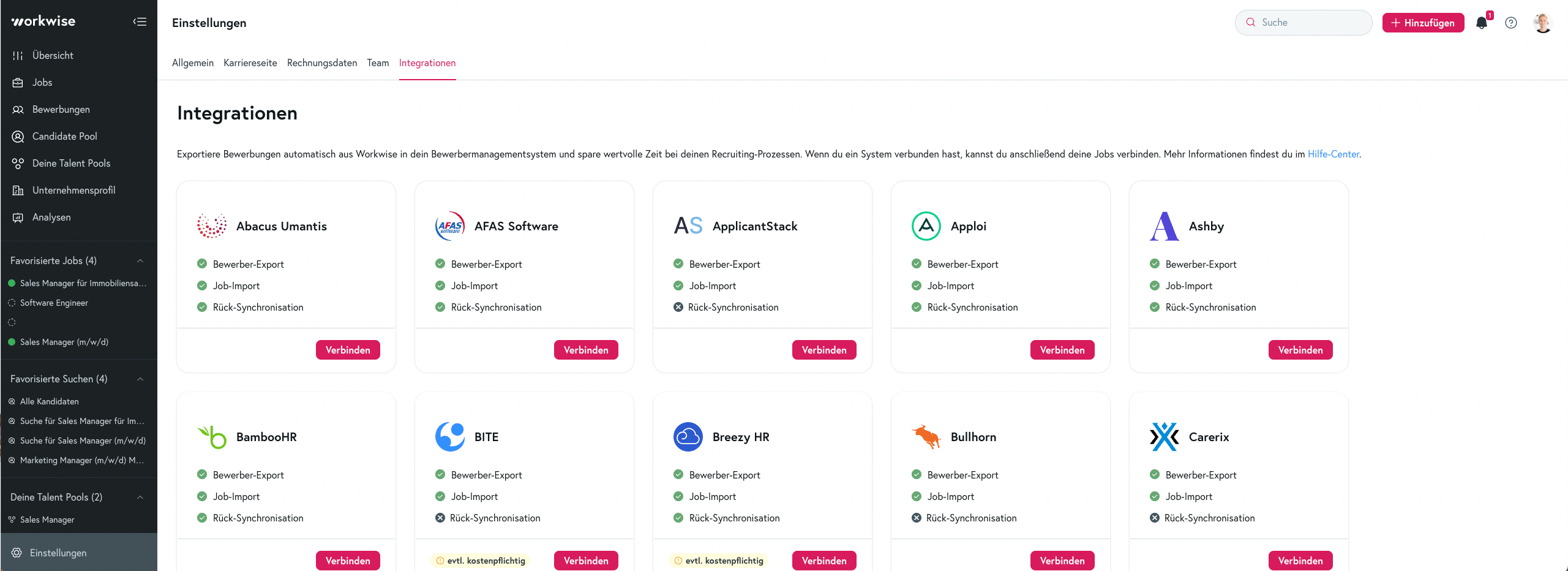 Screenshot der Workwise-Plattform: Übersicht über die Integrationen.