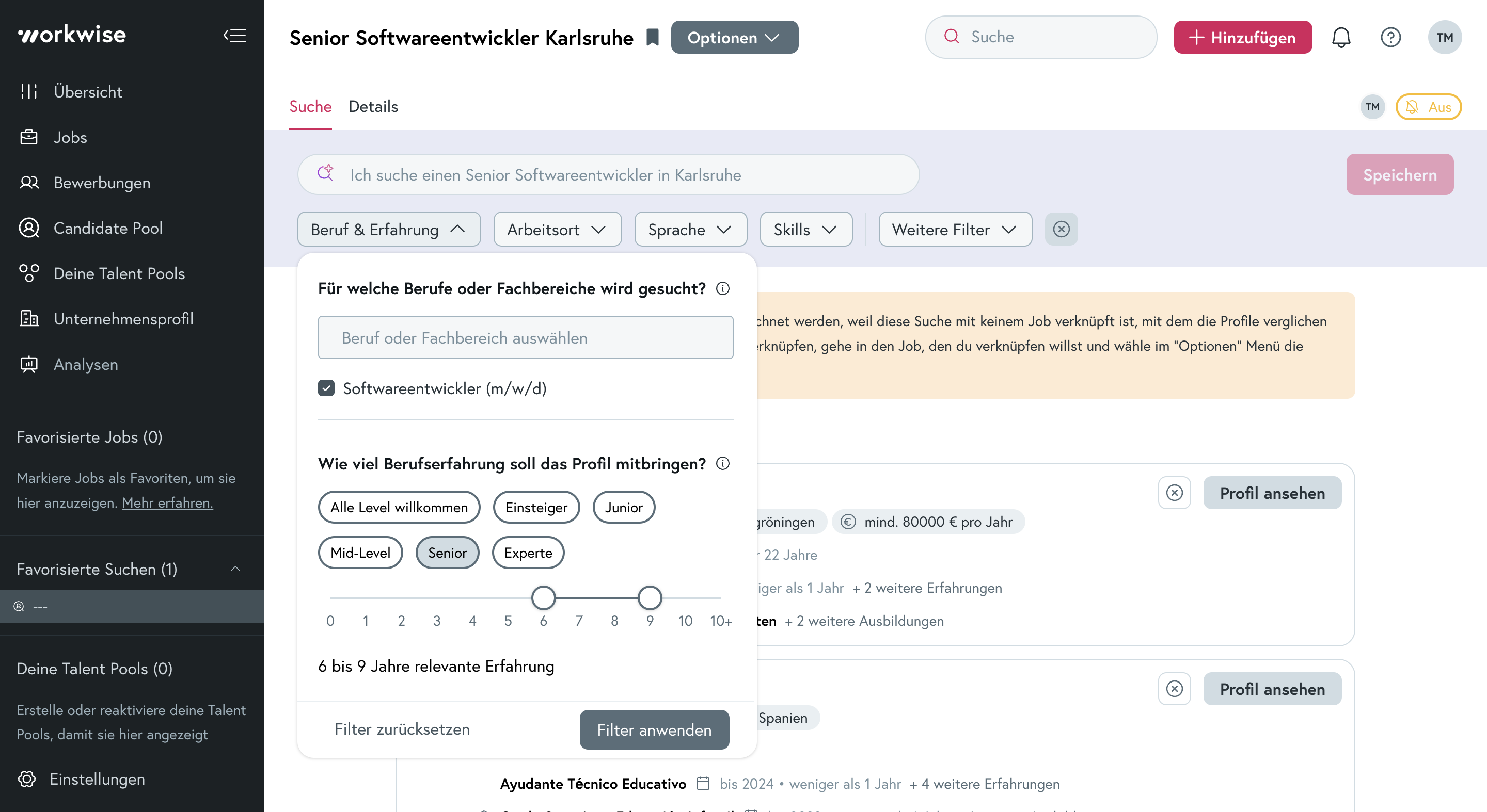 Screenshot: Filtereinstellung Berufserfahrung im Candidate Pool.