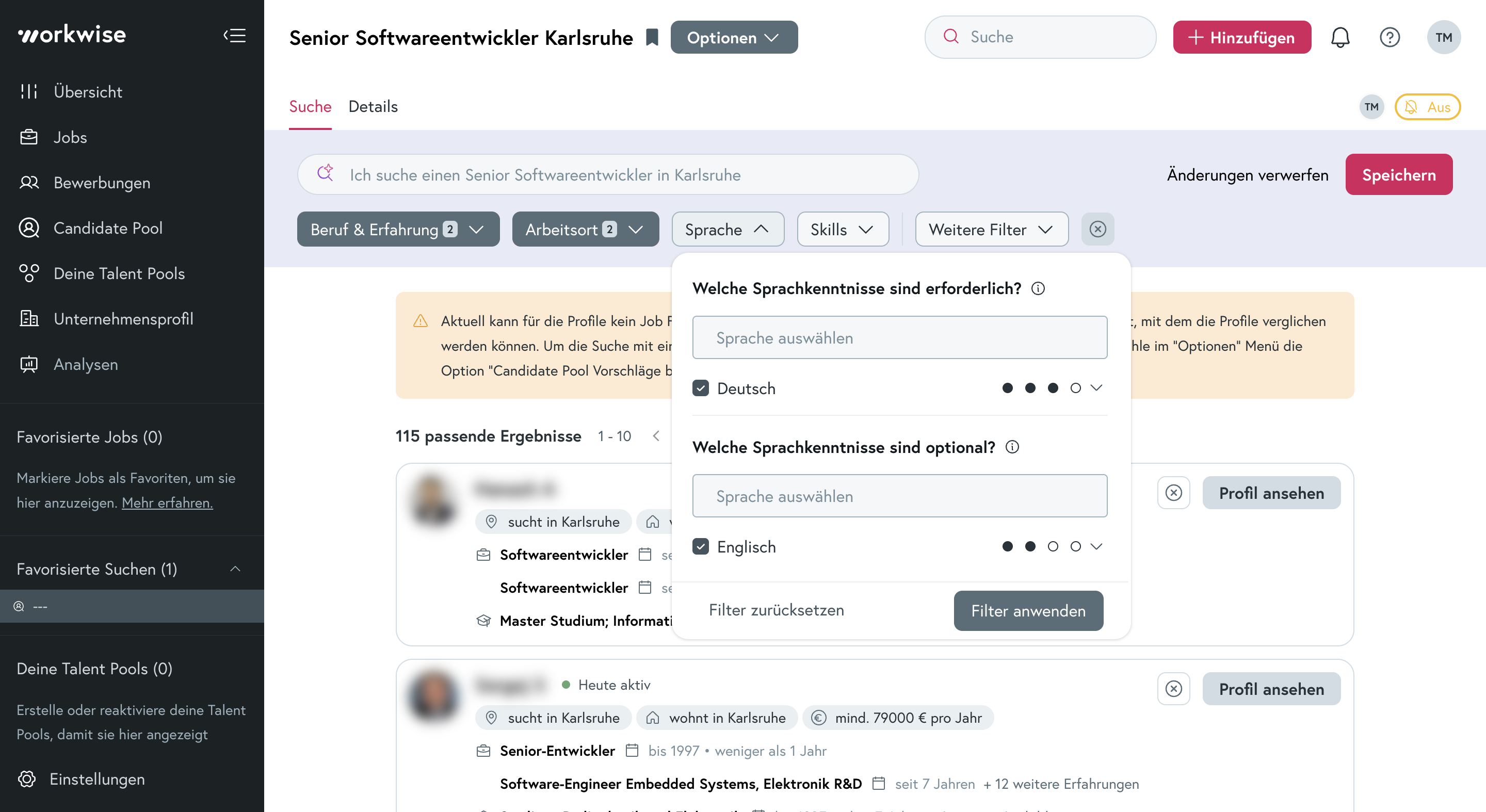 Screenshot: Filtereinstellung Sprachkenntnisse im Candidate Pool.