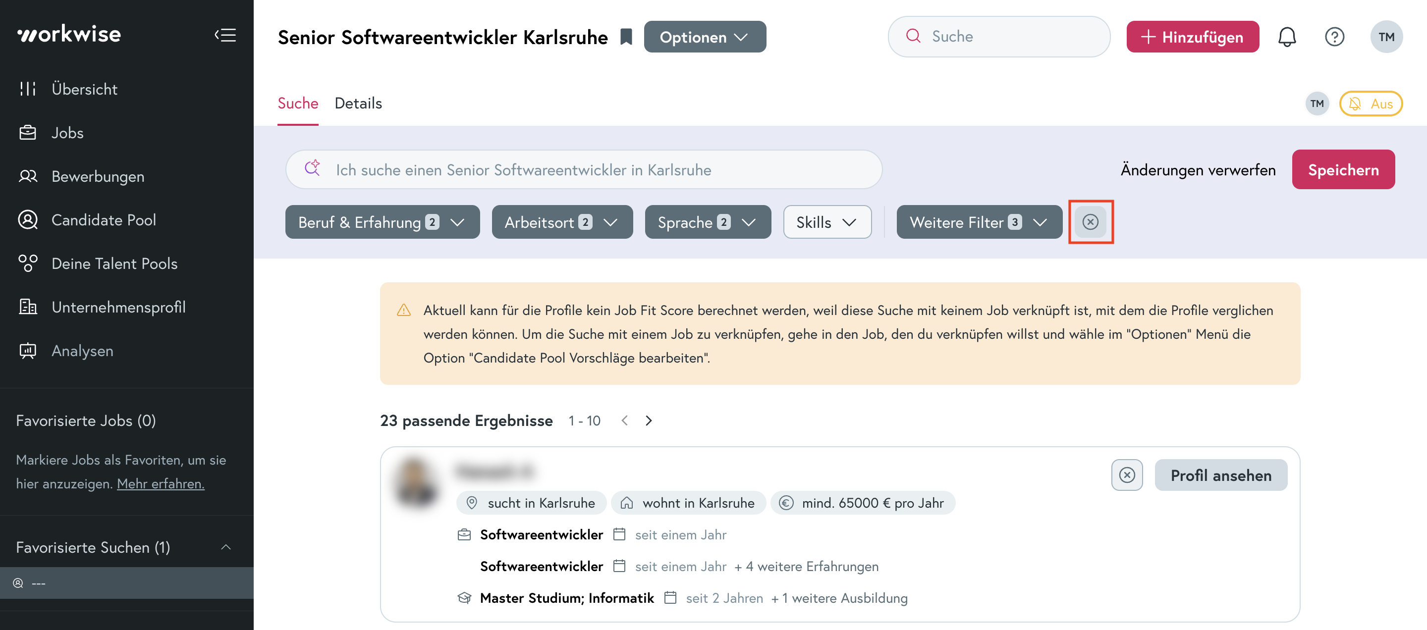 Screenshot: Filter im Candidate Pool zurücksetzen. 