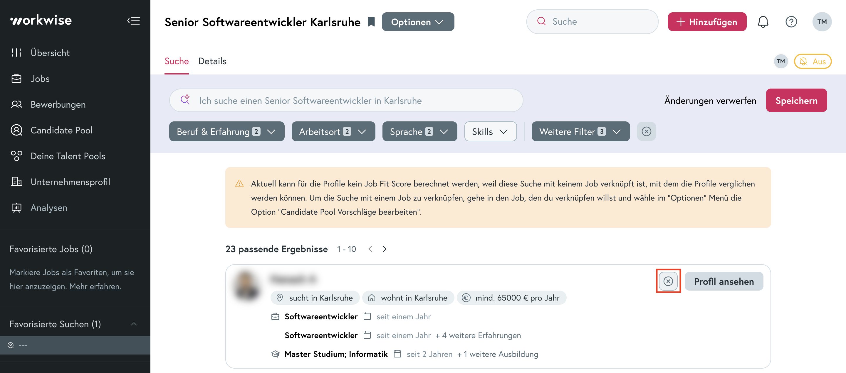 Screenshot: Kurzprofil im Candidate Pool.