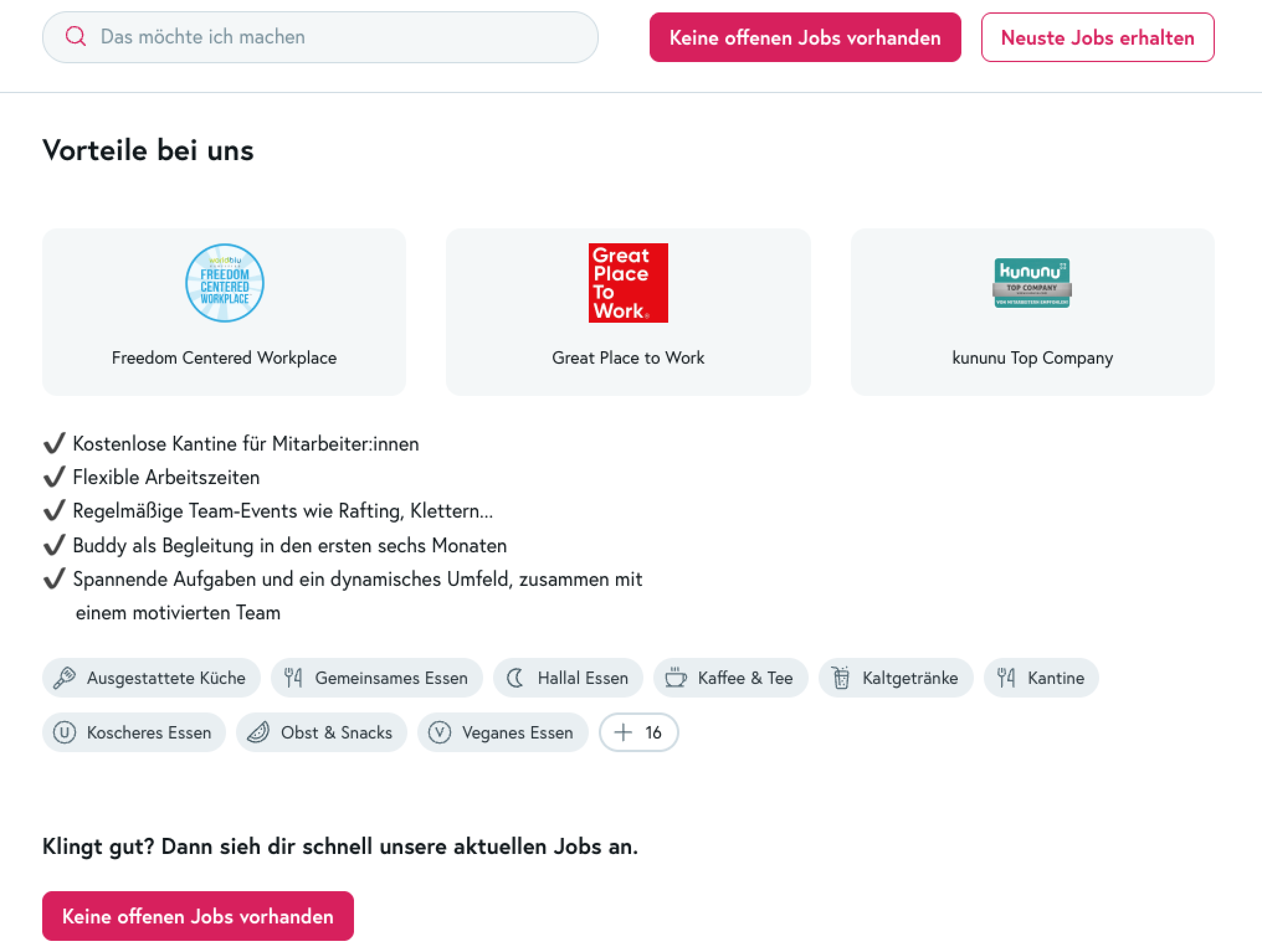 Der Screenshot zeigt die Vorteile eines Unternehmens auf einer Karriereseite, die von Workwise erstellt wurde.