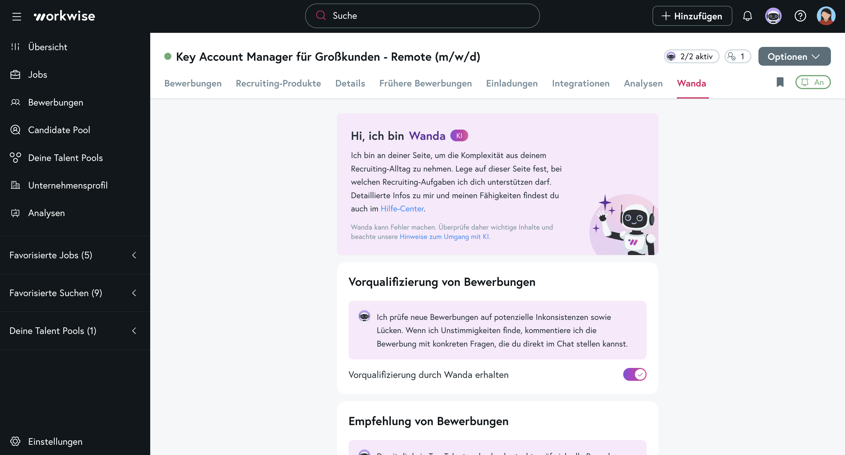 Wanda Einstellungen pro Job mit den eingeschalteten Optionen für Vorqualifizierung und Empfehlung.