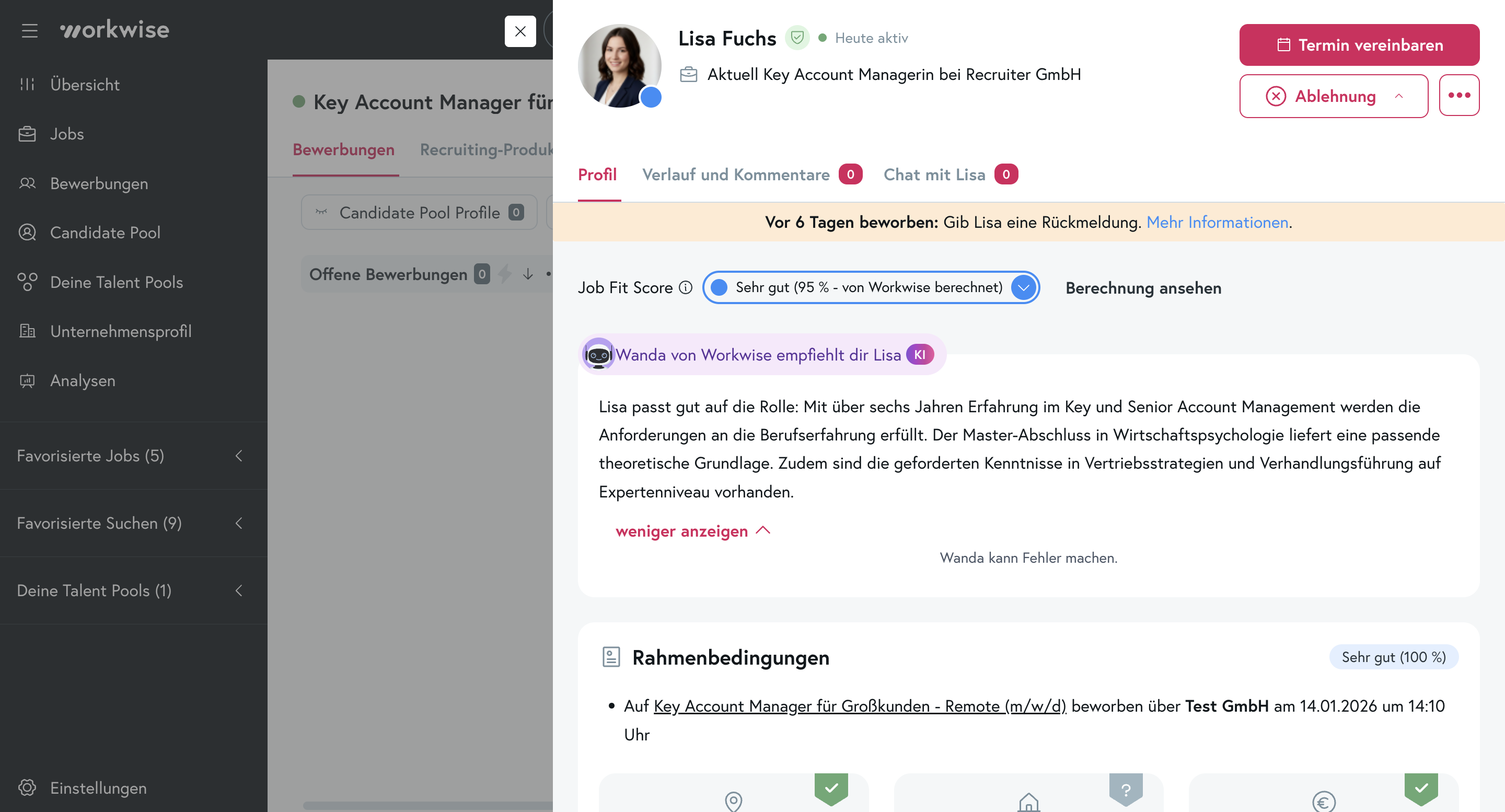 Empfehlungstext durch Wanda in einem Profil.