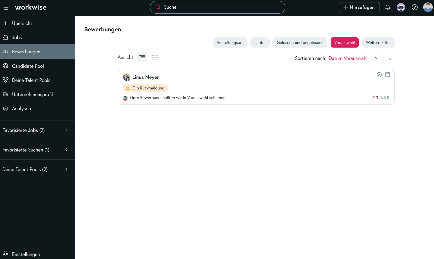 Filter für Status Vorauswahl