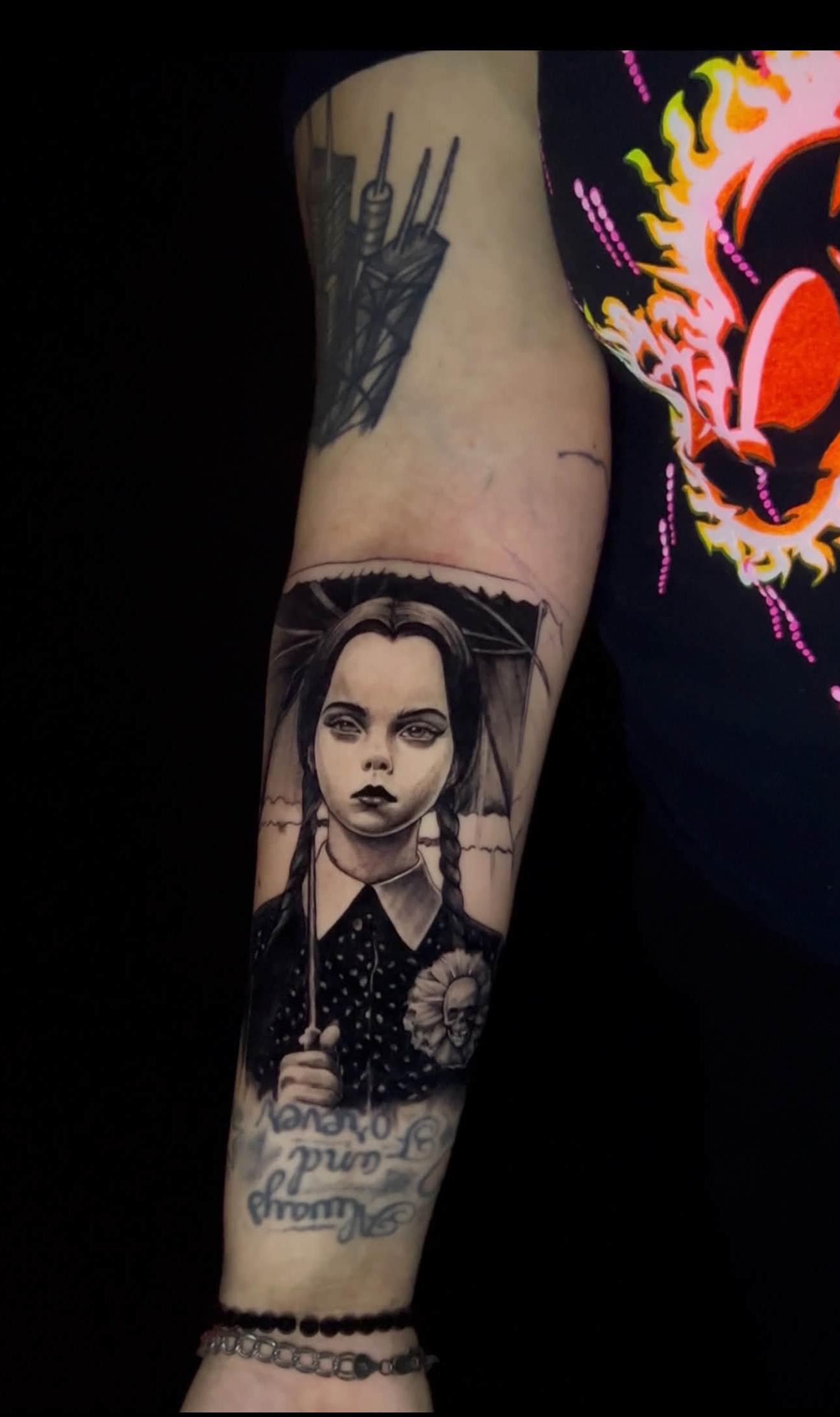 wednesday adams black and white portrait tattoo